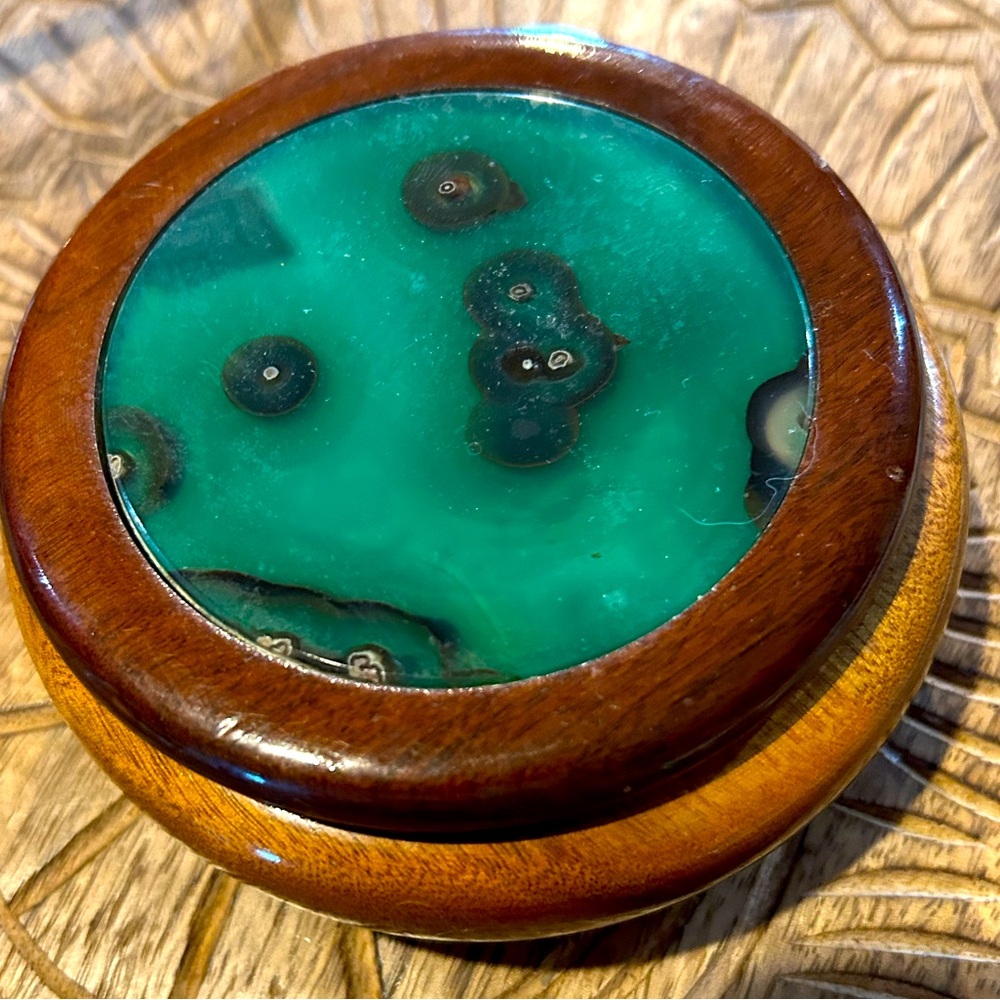 Hand turned Wooden Trinket Box with Green Agate Lid